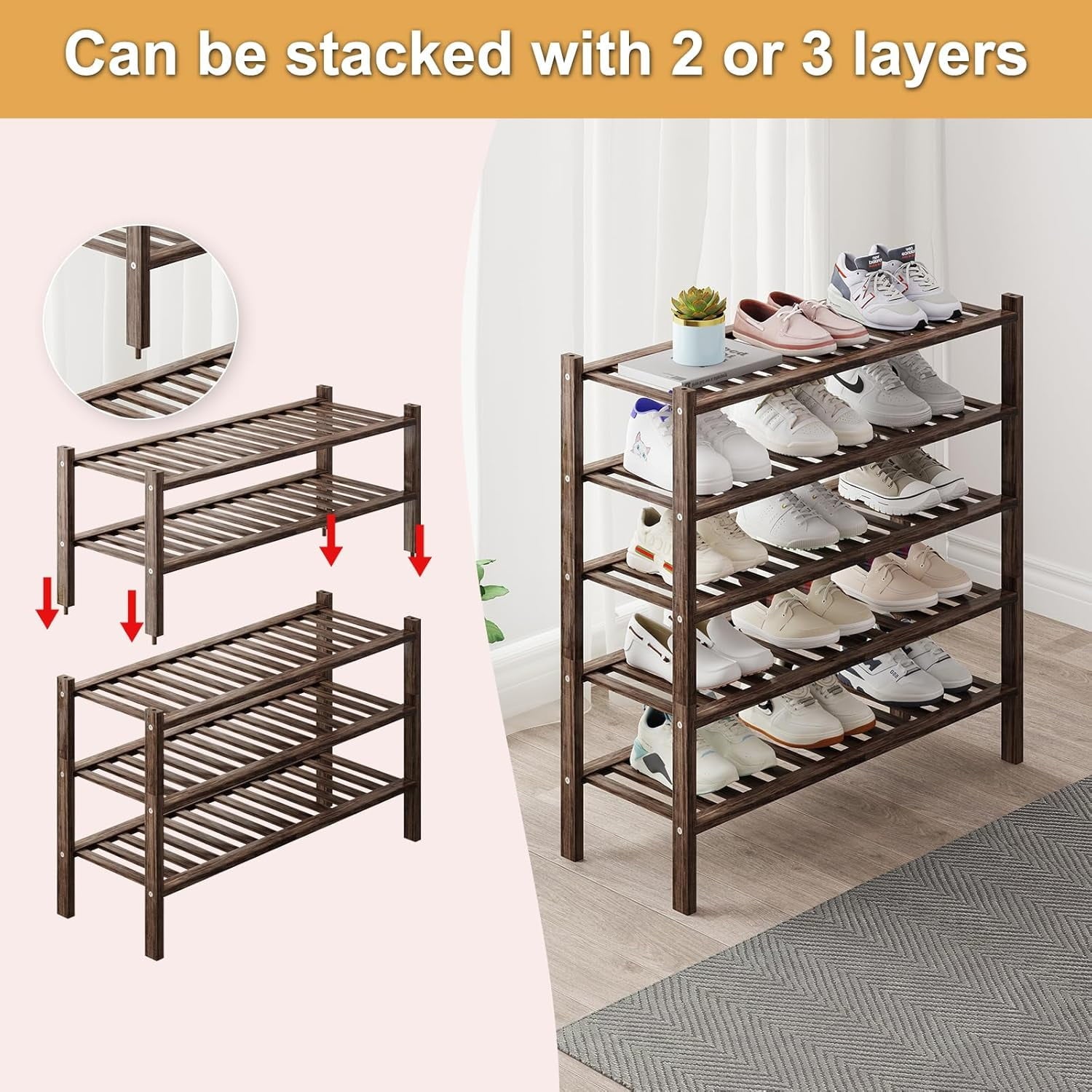 Bamboo Shoe Rack Organizer for Closet and Entryway - Space-Saving Narrow Shoe Stand - Versatile Shoe Holder for Door or Closet Shelf, Garage Bedroom can Freely Stack DIY Small Shoe Racks 3 Tier