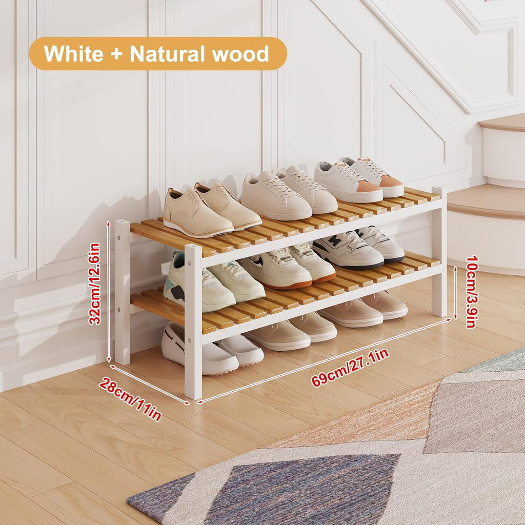 Bamboo Shoe Rack Organizer for Closet and Entryway - Space-Saving Narrow Shoe Stand - Versatile Shoe Holder for Door or Closet Shelf, Garage Bedroom can Freely Stack DIY Small Shoe Racks 3 Tier