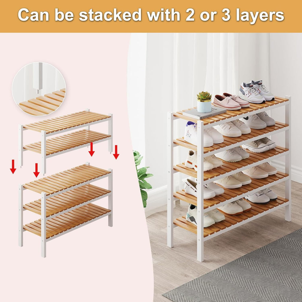 Bamboo Shoe Rack Organizer for Closet and Entryway - Space-Saving Narrow Shoe Stand - Versatile Shoe Holder for Door or Closet Shelf, Garage Bedroom can Freely Stack DIY Small Shoe Racks 3 Tier