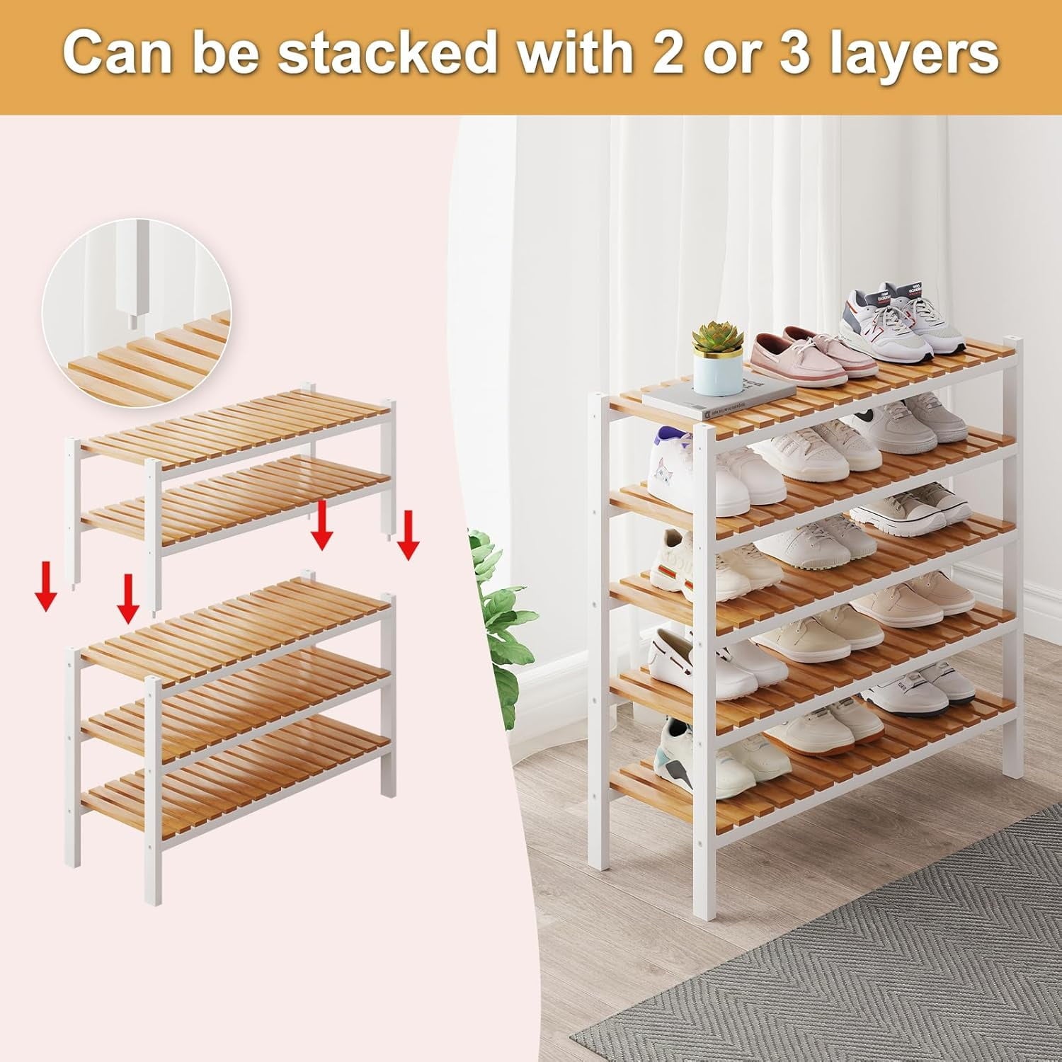 Bamboo Shoe Rack Organizer for Closet and Entryway - Space-Saving Narrow Shoe Stand - Versatile Shoe Holder for Door or Closet Shelf, Garage Bedroom can Freely Stack DIY Small Shoe Racks 3 Tier