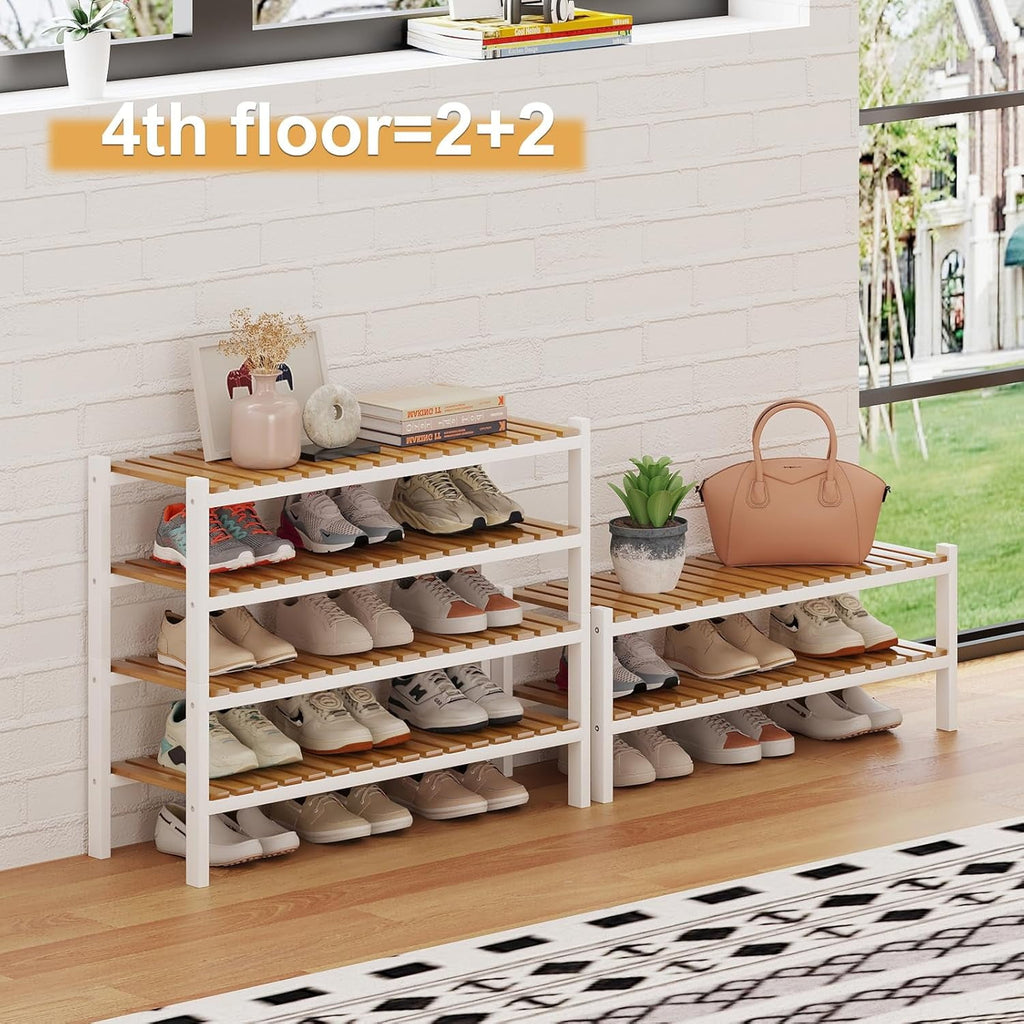Bamboo Shoe Rack Organizer for Closet and Entryway - Space-Saving Narrow Shoe Stand - Versatile Shoe Holder for Door or Closet Shelf, Garage Bedroom can Freely Stack DIY Small Shoe Racks 3 Tier