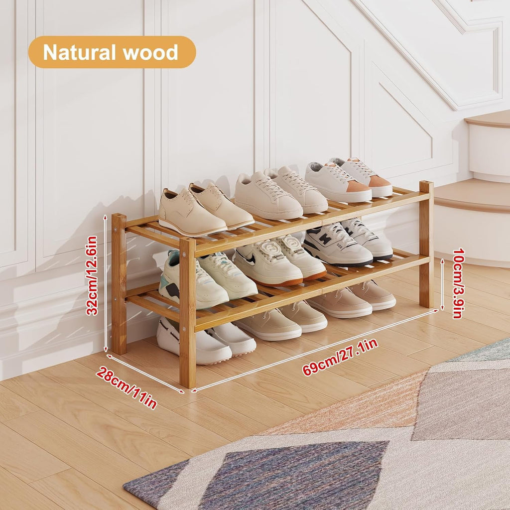 Bamboo Shoe Rack Organizer for Closet and Entryway - Space-Saving Narrow Shoe Stand - Versatile Shoe Holder for Door or Closet Shelf, Garage Bedroom can Freely Stack DIY Small Shoe Racks 3 Tier
