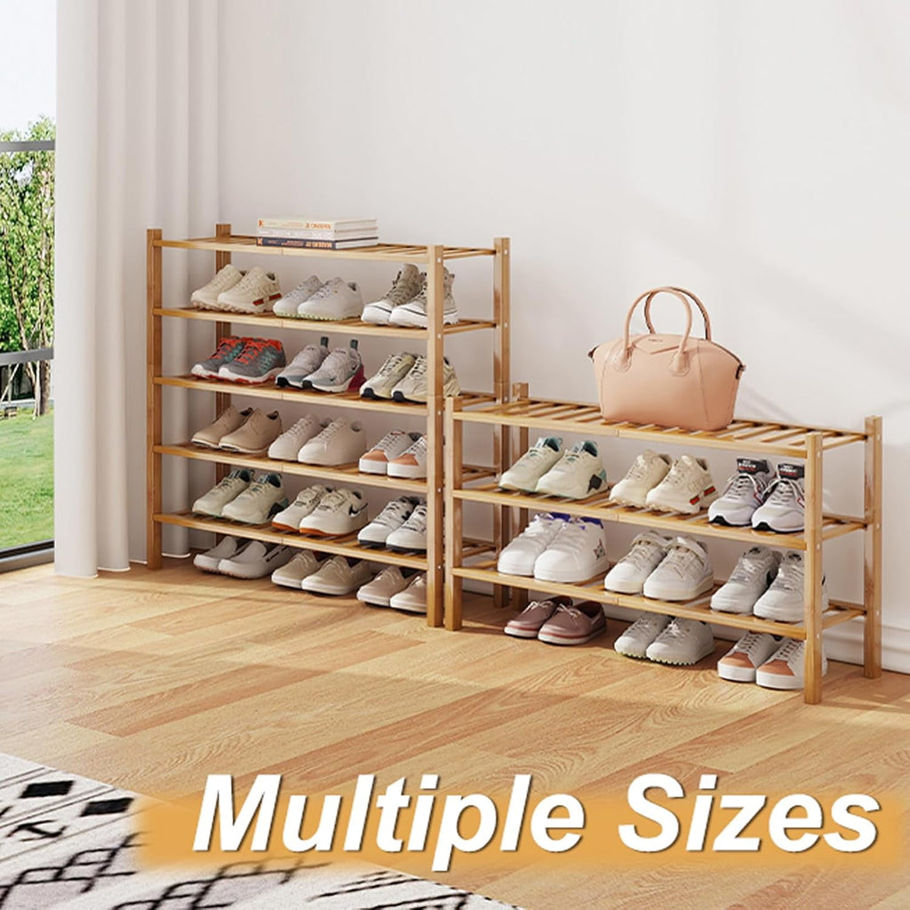 Bamboo Shoe Rack Organizer for Closet and Entryway - Space-Saving Narrow Shoe Stand - Versatile Shoe Holder for Door or Closet Shelf, Garage Bedroom can Freely Stack DIY Small Shoe Racks 3 Tier