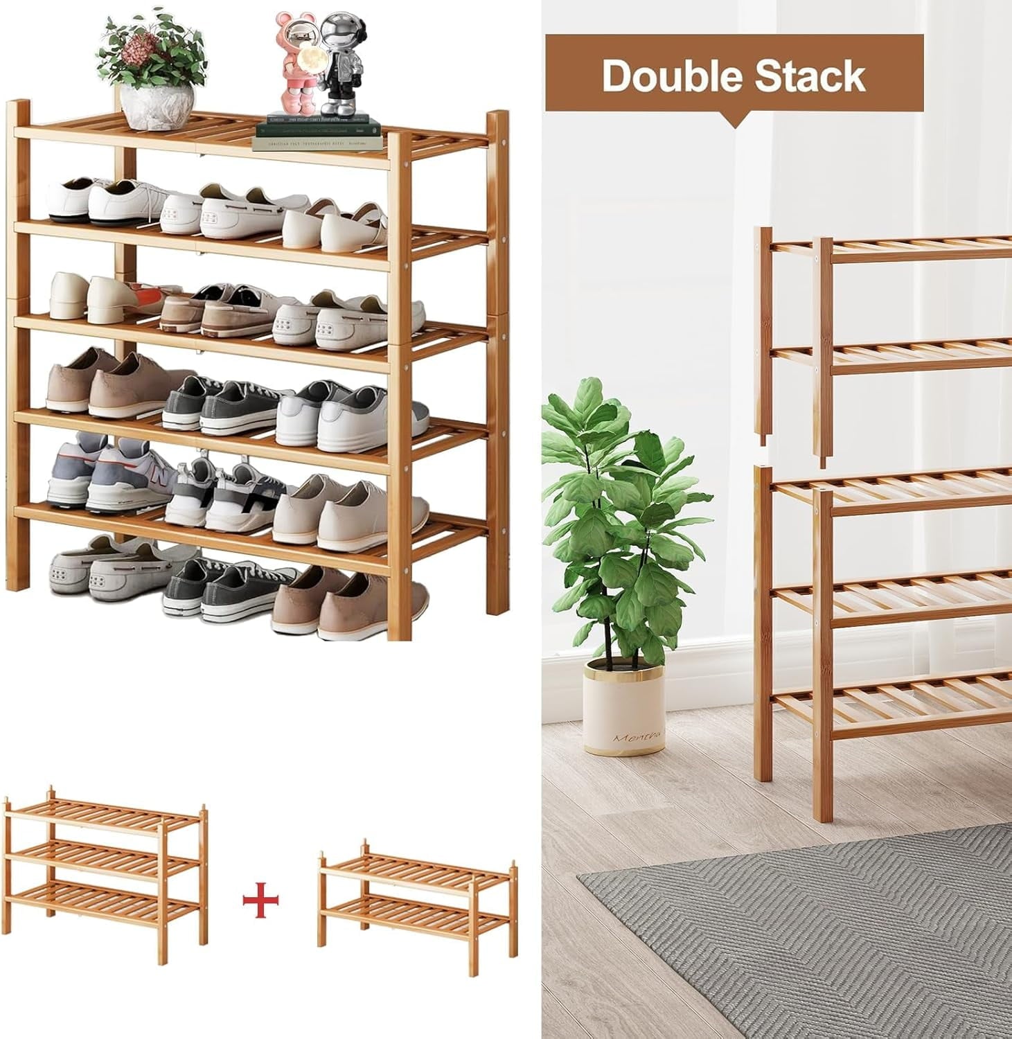 Bamboo Shoe Rack Organizer for Closet and Entryway - Space-Saving Narrow Shoe Stand - Versatile Shoe Holder for Door or Closet Shelf, Garage Bedroom can Freely Stack DIY Small Shoe Racks 3 Tier