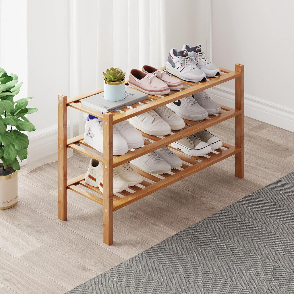 Bamboo Shoe Rack Organizer for Closet and Entryway - Space-Saving Narrow Shoe Stand - Versatile Shoe Holder for Door or Closet Shelf, Garage Bedroom can Freely Stack DIY Small Shoe Racks 3 Tier