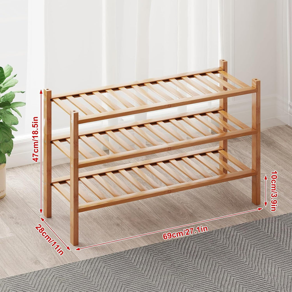 Bamboo Shoe Rack Organizer for Closet and Entryway - Space-Saving Narrow Shoe Stand - Versatile Shoe Holder for Door or Closet Shelf, Garage Bedroom can Freely Stack DIY Small Shoe Racks 3 Tier
