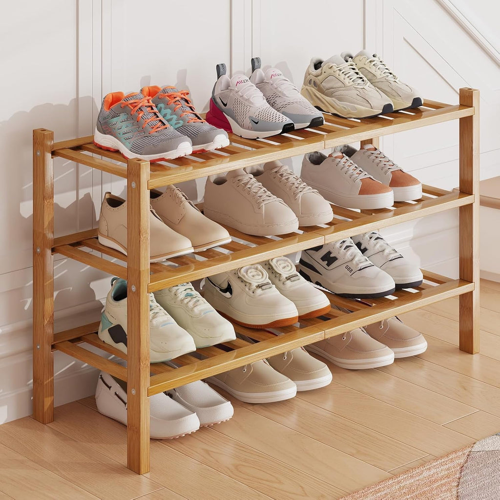 Bamboo Shoe Rack Organizer for Closet and Entryway - Space-Saving Narrow Shoe Stand - Versatile Shoe Holder for Door or Closet Shelf, Garage Bedroom can Freely Stack DIY Small Shoe Racks 3 Tier