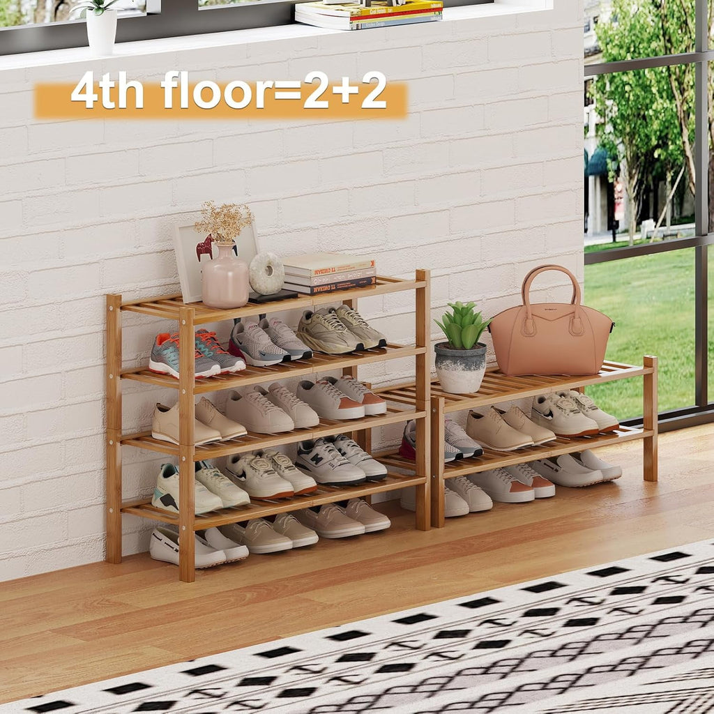 Bamboo Shoe Rack Organizer for Closet and Entryway - Space-Saving Narrow Shoe Stand - Versatile Shoe Holder for Door or Closet Shelf, Garage Bedroom can Freely Stack DIY Small Shoe Racks 3 Tier
