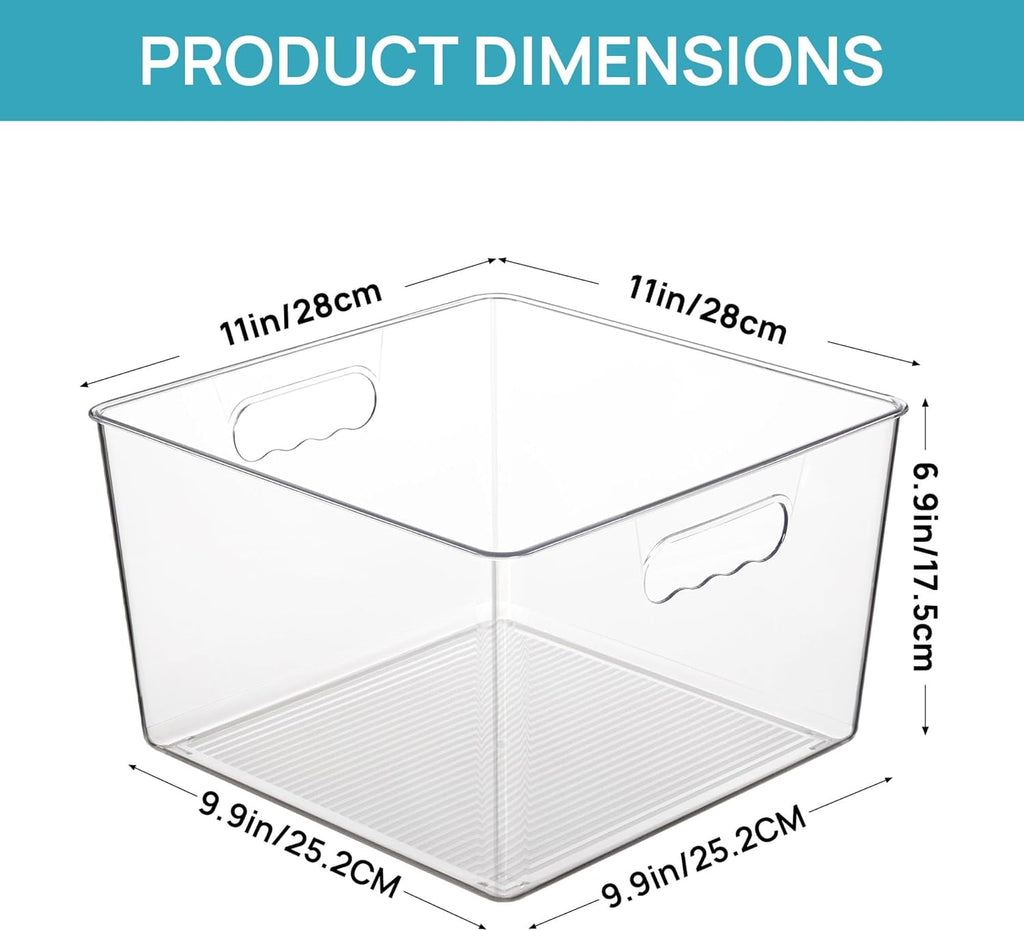 4 Pack Extra Large Clear Plastic Storage Bins,11x11 Cube Acrylic Organizer Square Containers with Handle for Pantry,Closet,LaundryRoom,Kitchen,Bathroom,UnderSink Organization