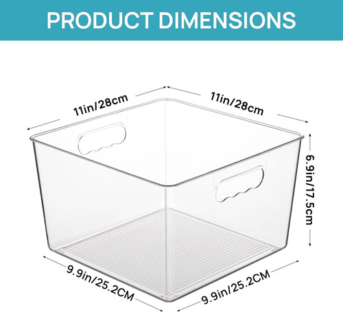 4 Pack Extra Large Clear Plastic Storage Bins,11x11 Cube Acrylic Organizer Square Containers with Handle for Pantry,Closet,LaundryRoom,Kitchen,Bathroom,UnderSink Organization