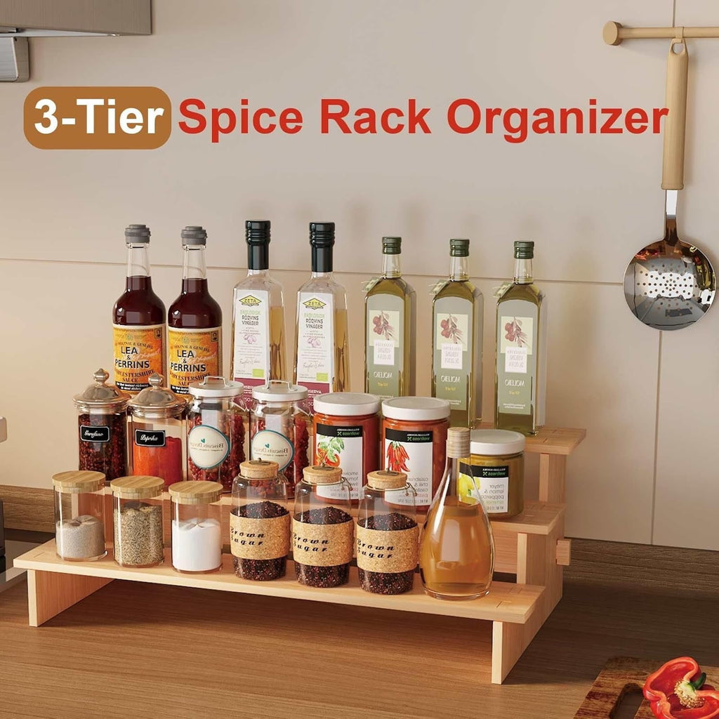 3-Tier Bamboo Spice Rack Organizer for Cabinet &amp; Pantry - Eco-Friendly Multi-Purpose Storage, Space-Saving Design, Holds Jars/Cans/Cosmetics