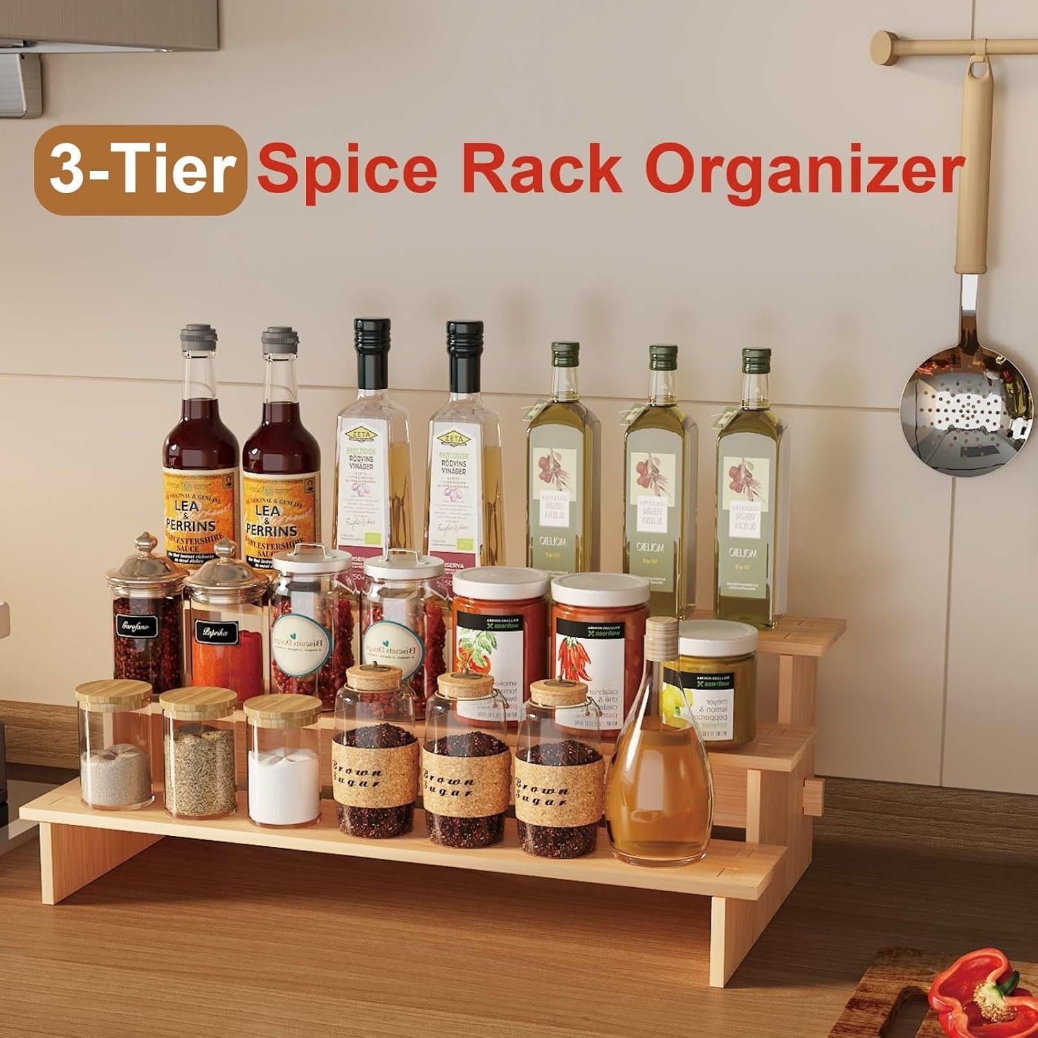 3-Tier Bamboo Spice Rack Organizer for Cabinet &amp; Pantry - Eco-Friendly Multi-Purpose Storage, Space-Saving Design, Holds Jars/Cans/Cosmetics