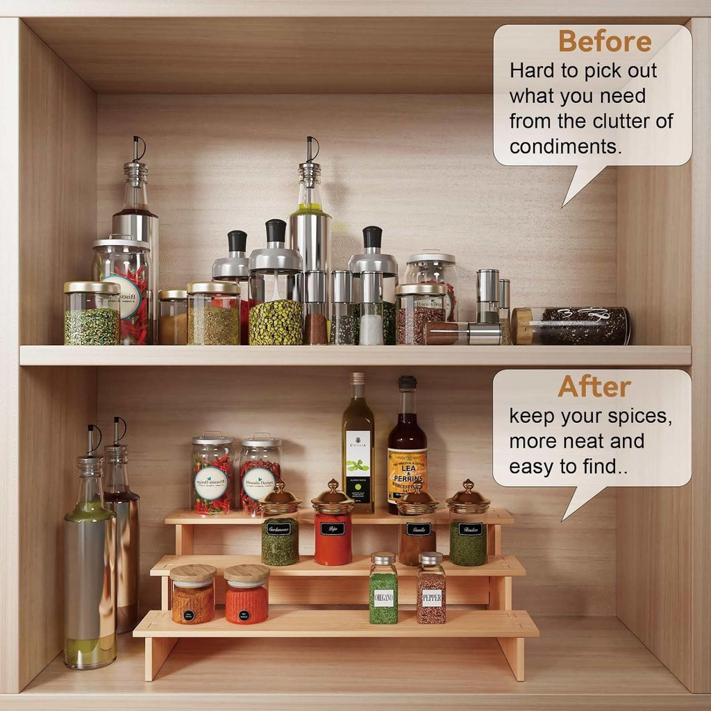 3-Tier Bamboo Spice Rack Organizer for Cabinet &amp; Pantry - Eco-Friendly Multi-Purpose Storage, Space-Saving Design, Holds Jars/Cans/Cosmetics