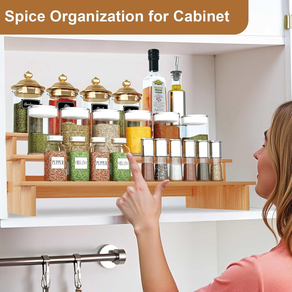 3-Tier Bamboo Spice Rack Organizer for Cabinet &amp; Pantry - Eco-Friendly Multi-Purpose Storage, Space-Saving Design, Holds Jars/Cans/Cosmetics