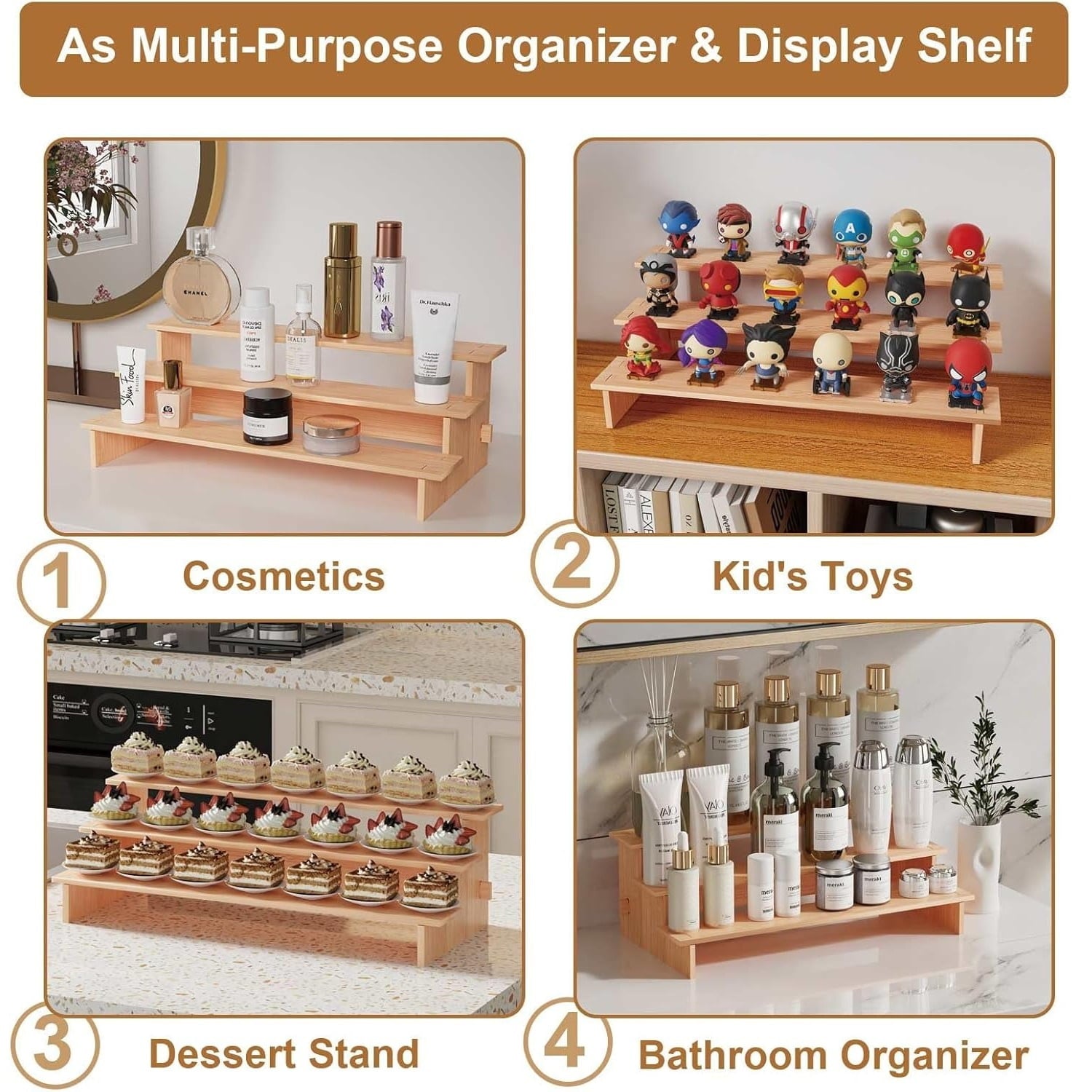 3-Tier Bamboo Spice Rack Organizer for Cabinet &amp; Pantry - Eco-Friendly Multi-Purpose Storage, Space-Saving Design, Holds Jars/Cans/Cosmetics