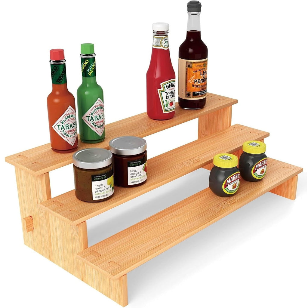 3-Tier Bamboo Spice Rack Organizer for Cabinet &amp; Pantry - Eco-Friendly Multi-Purpose Storage, Space-Saving Design, Holds Jars/Cans/Cosmetics