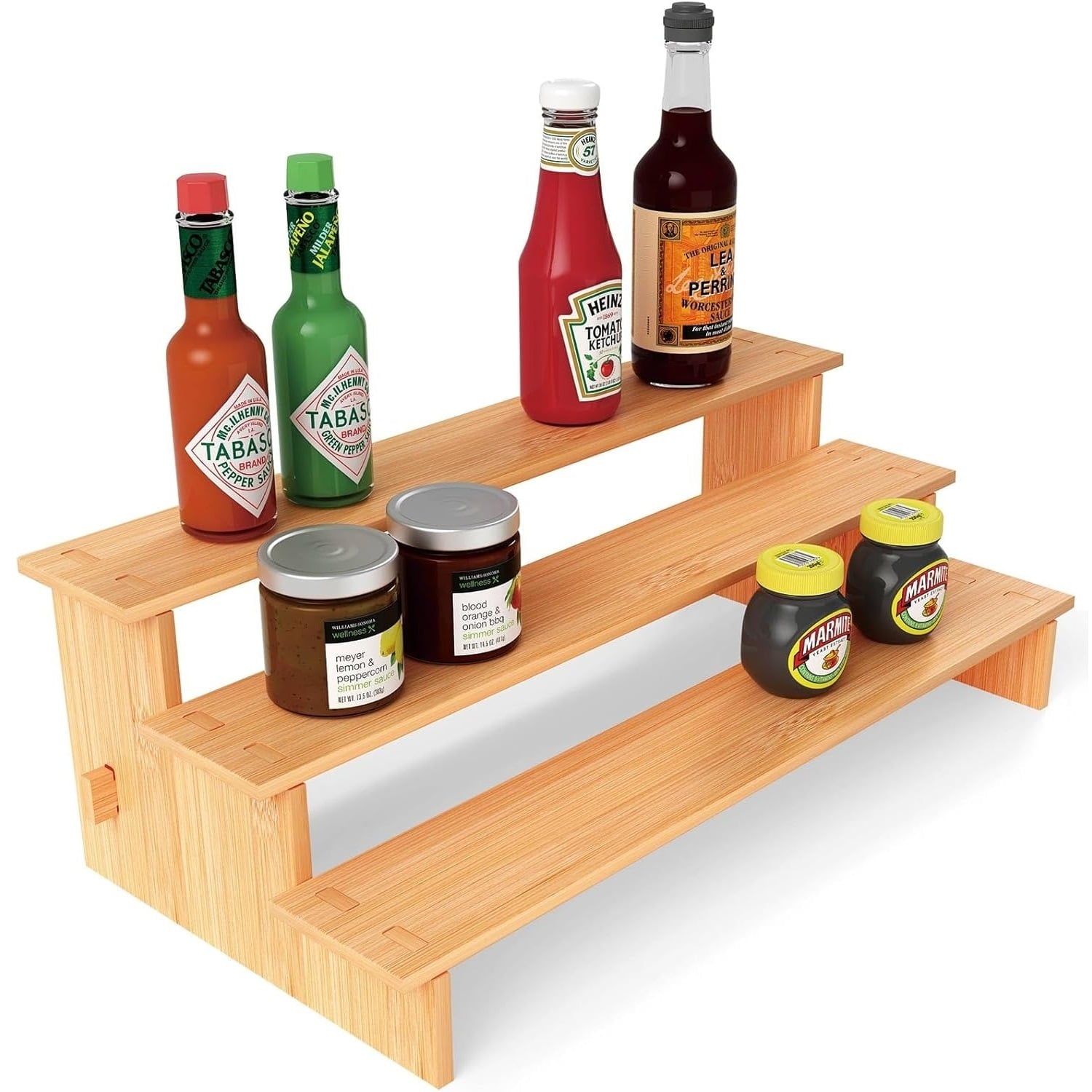 3-Tier Bamboo Spice Rack Organizer for Cabinet &amp; Pantry - Eco-Friendly Multi-Purpose Storage, Space-Saving Design, Holds Jars/Cans/Cosmetics