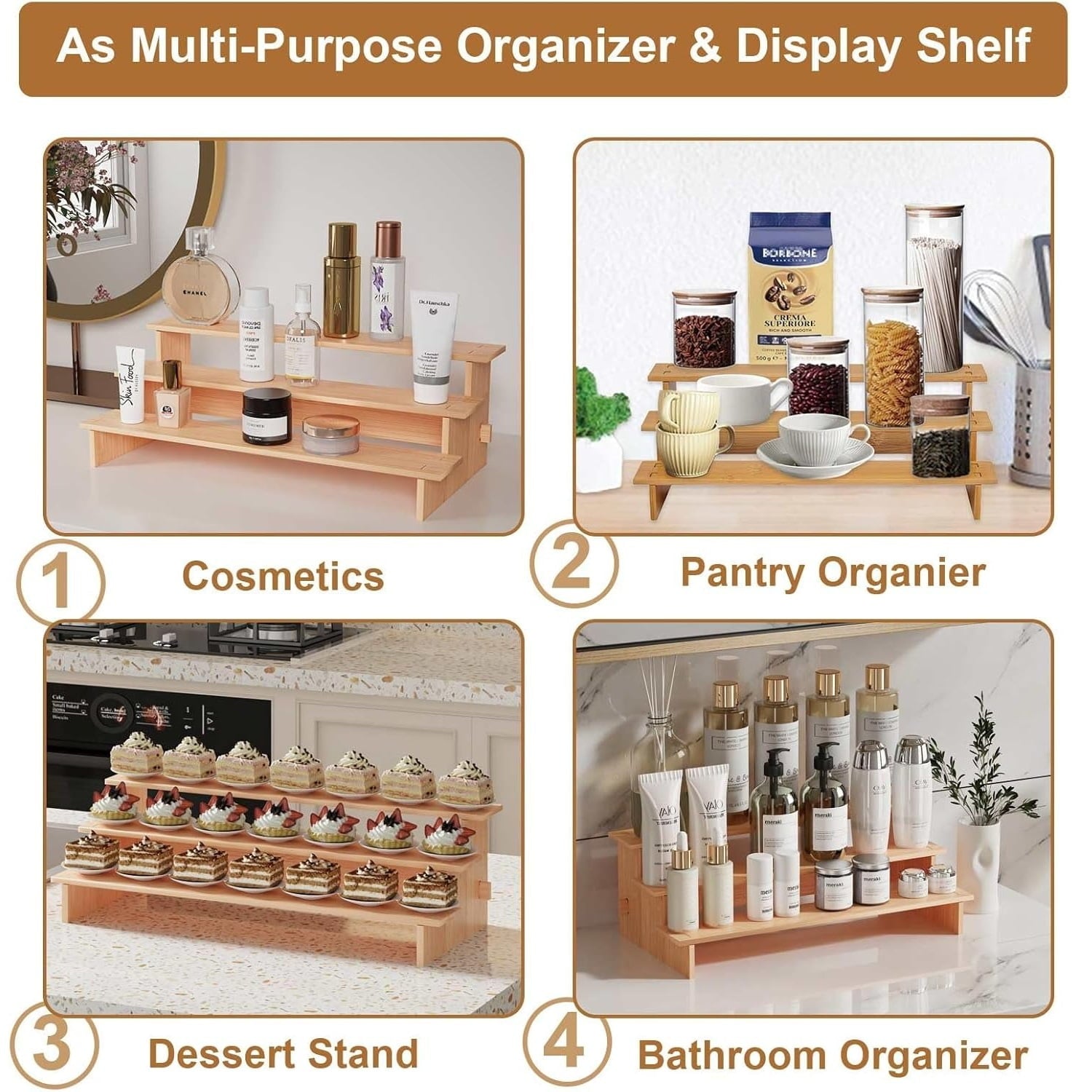 3-Tier Bamboo Spice Rack Organizer for Cabinet &amp; Pantry - Eco-Friendly Multi-Purpose Storage, Space-Saving Design, Holds Jars/Cans/Cosmetics