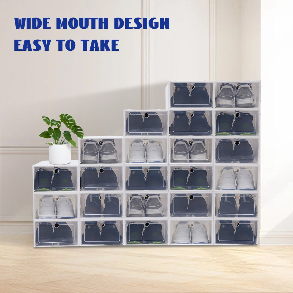 24 Pack Shoe Storage Boxs, Foldable Clear Plastic Shoe Organizer for Closet, Space Saving Stackable Shoe Rack for Entryway, Drop Front, Under Bed
