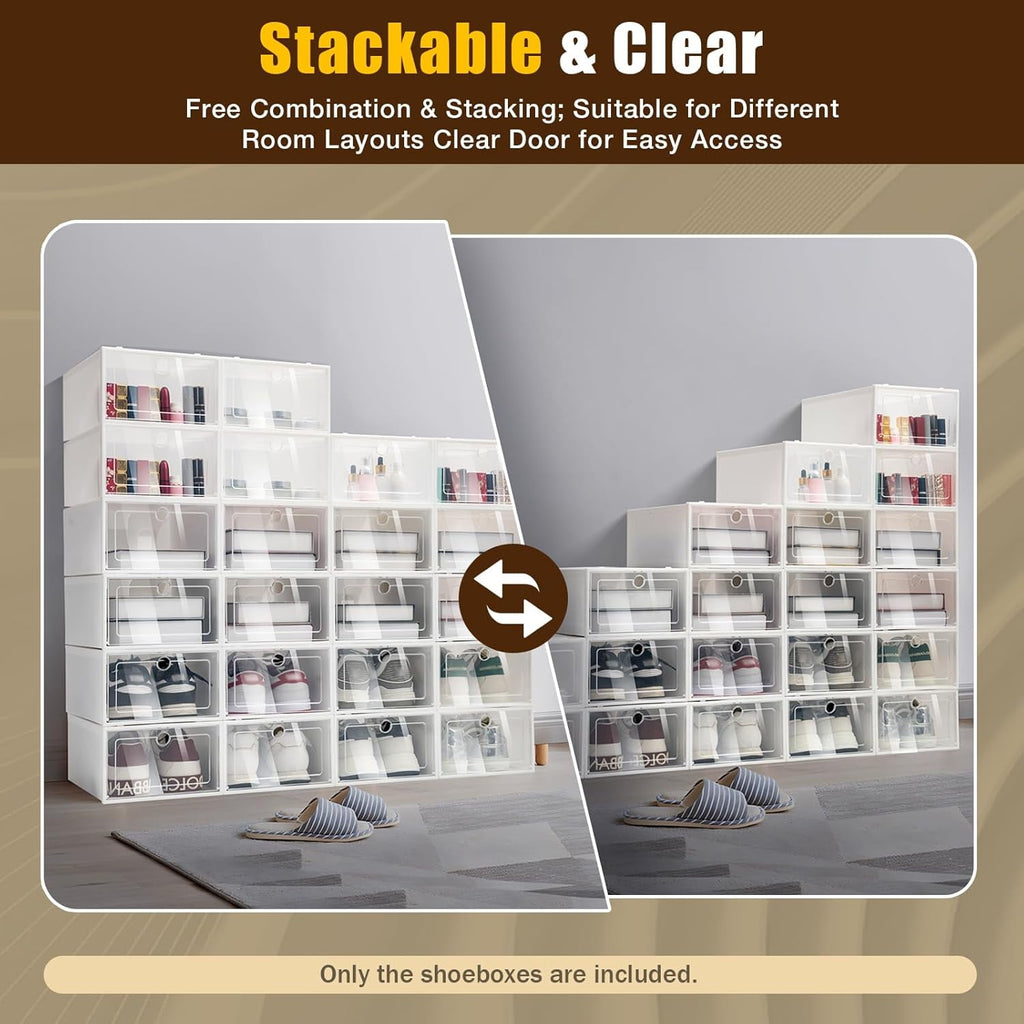 24 Pack Shoe Storage Boxs, Foldable Clear Plastic Shoe Organizer for Closet, Space Saving Stackable Shoe Rack for Entryway, Drop Front, Under Bed