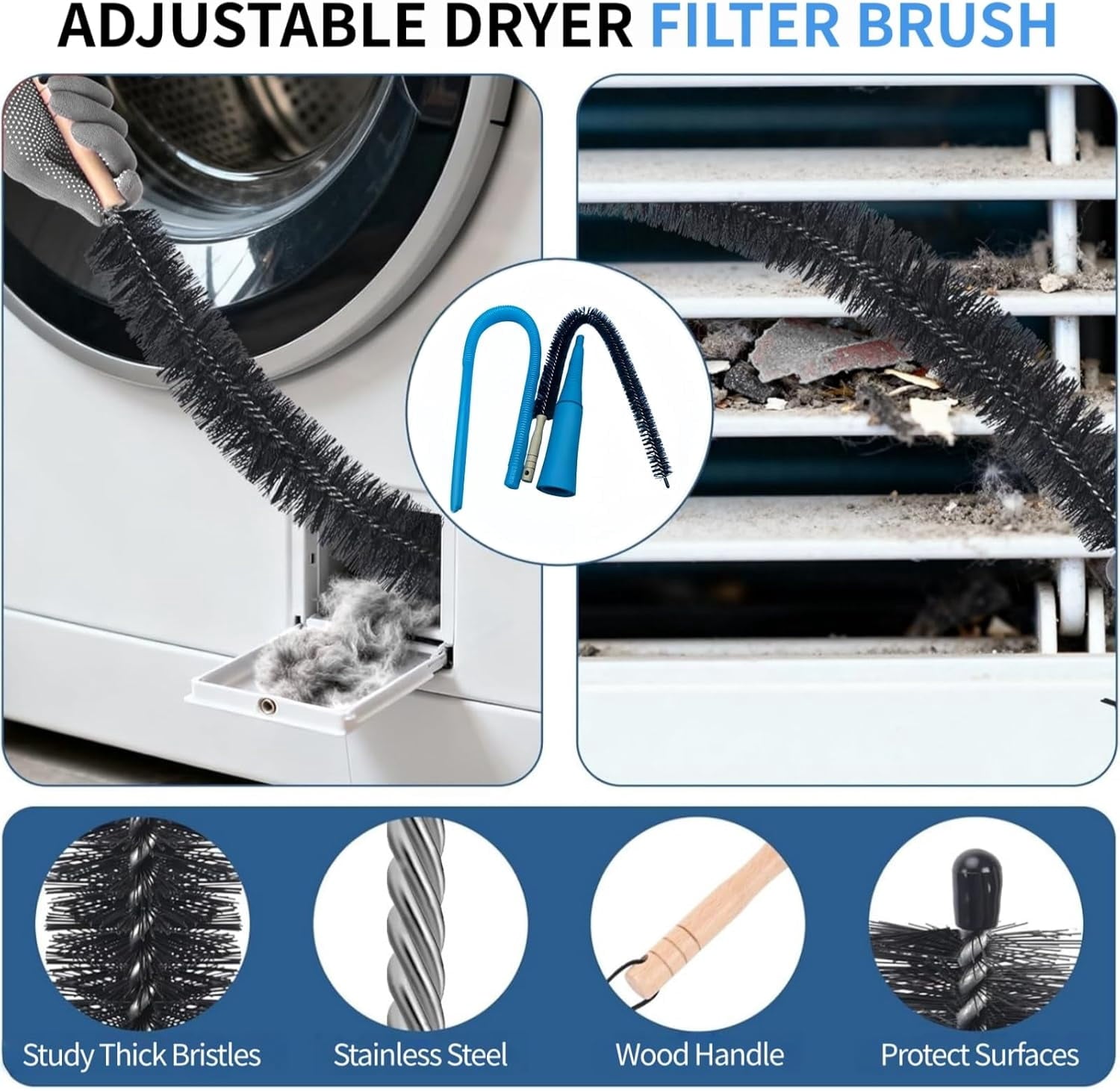Dryer Vent Cleaner Kit - Universal Vacuum Hose Attachment &amp; Lint Brush,  Fit Most Vacuums for Dryer, Effectively Clean Clogged Dryer Ducts, Refrigerator Coils &amp; Behind Appliances