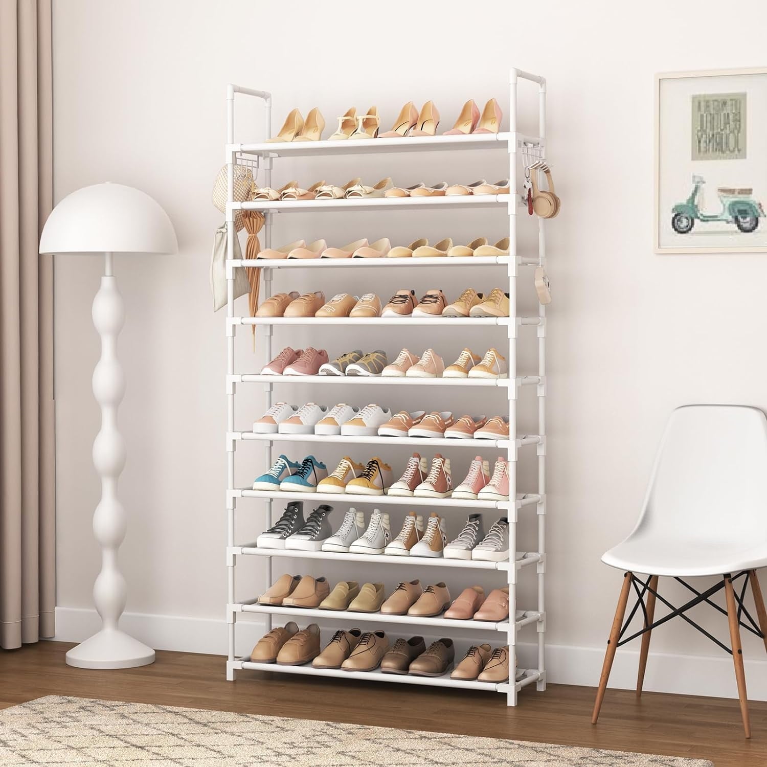 VTRIN 10 Tiers Shoe Rack Tall Large Capacity 50 Pairs Wide Shoe Organizer Sturdy Shoe Shelf for Entryway with Two Hooks Metal Shoe Storage for Closet, Bedroom, White, XJ-113