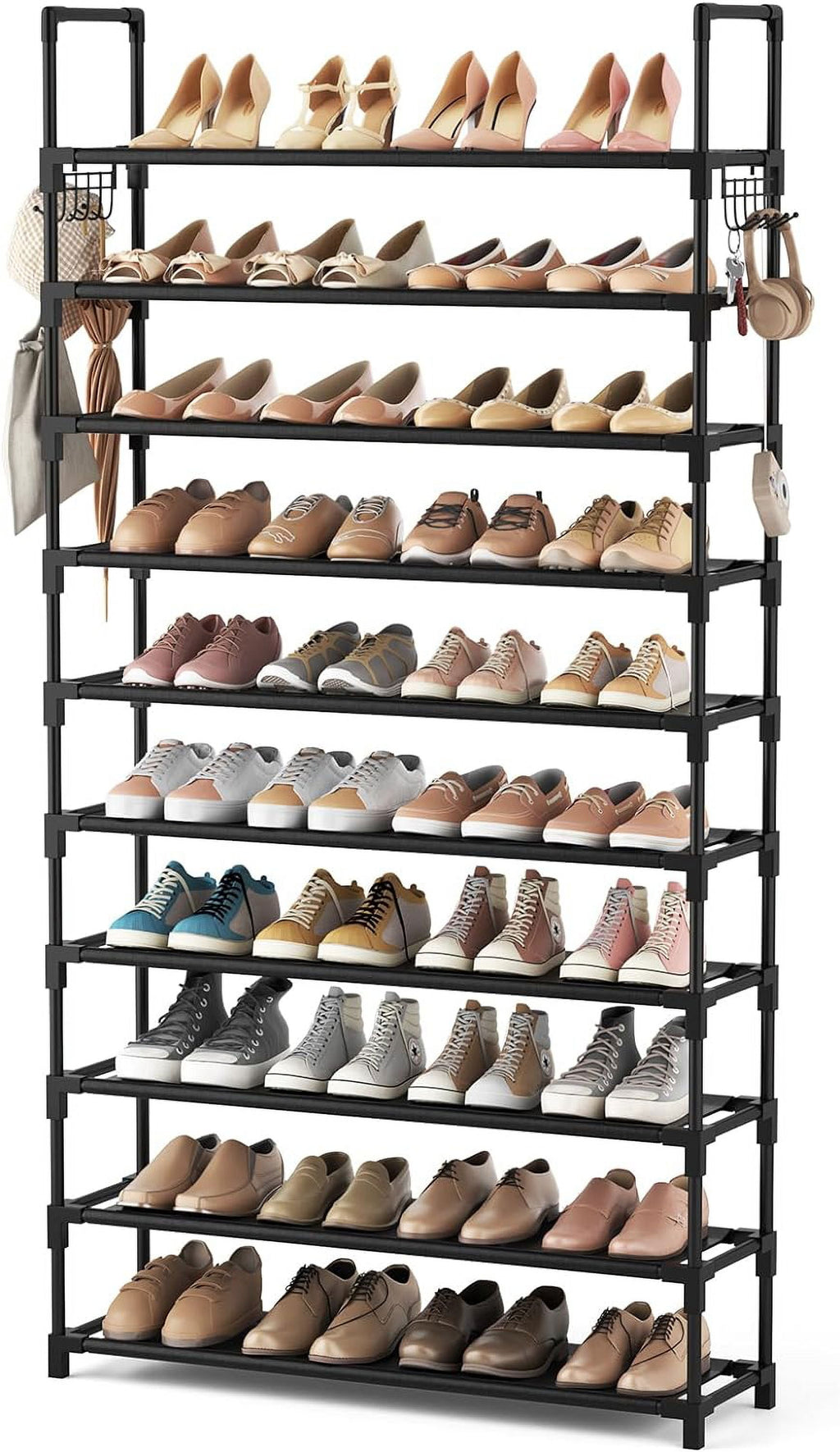 VTRIN 10 Tiers Shoe Rack Tall Large Capacity 50 Pairs Wide Shoe Organizer Sturdy Shoe Shelf for Entryway with Two Hooks Metal Shoe Storage for Closet, Bedroom, White, XJ-113