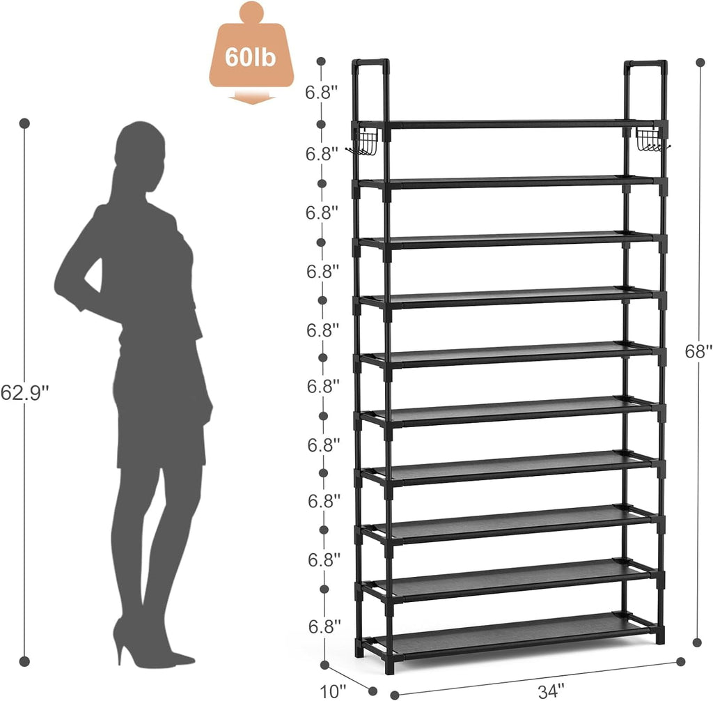 VTRIN 10 Tiers Shoe Rack Tall Large Capacity 50 Pairs Wide Shoe Organizer Sturdy Shoe Shelf for Entryway with Two Hooks Metal Shoe Storage for Closet, Bedroom, White, XJ-113