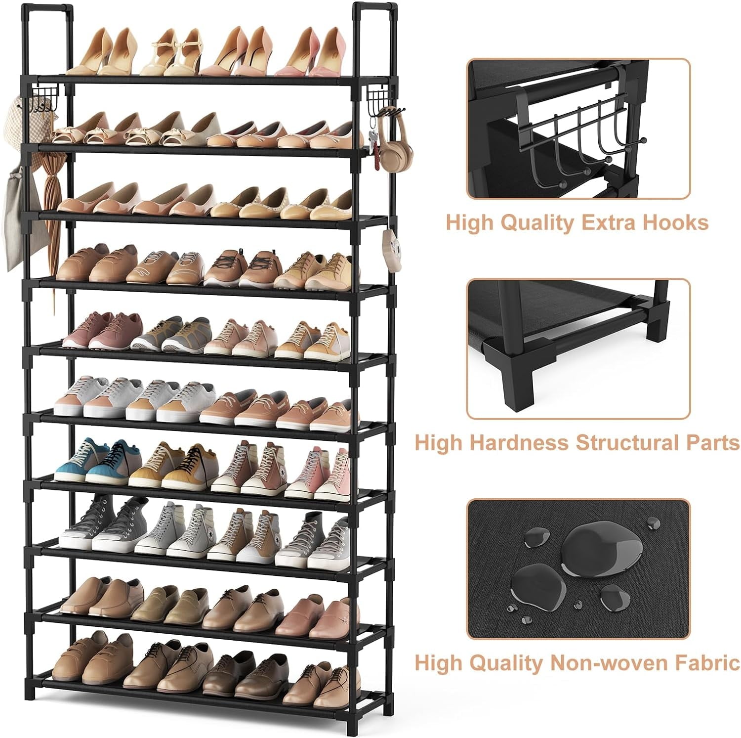 VTRIN 10 Tiers Shoe Rack Tall Large Capacity 50 Pairs Wide Shoe Organizer Sturdy Shoe Shelf for Entryway with Two Hooks Metal Shoe Storage for Closet, Bedroom, White, XJ-113