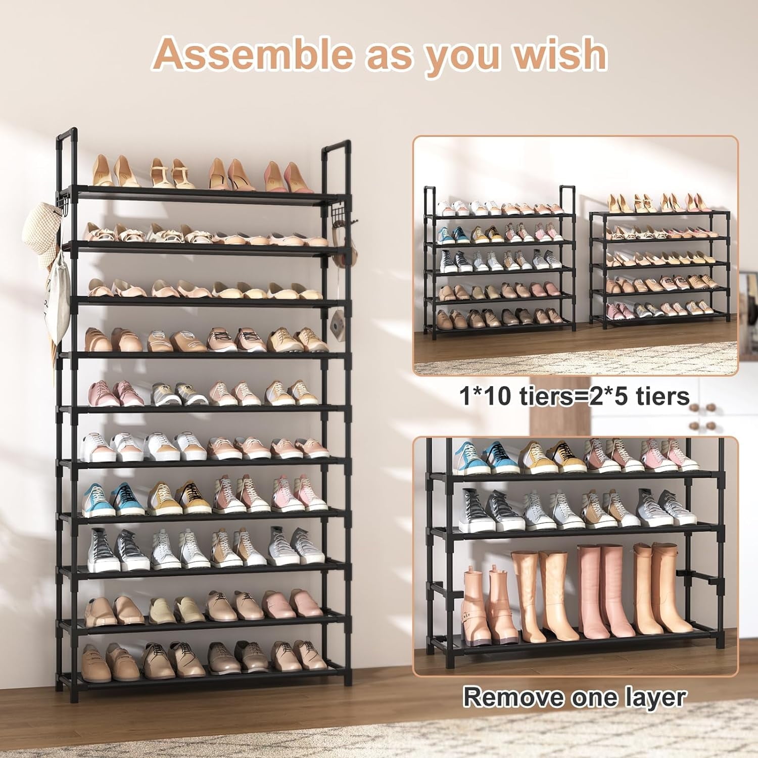 VTRIN 10 Tiers Shoe Rack Tall Large Capacity 50 Pairs Wide Shoe Organizer Sturdy Shoe Shelf for Entryway with Two Hooks Metal Shoe Storage for Closet, Bedroom, White, XJ-113