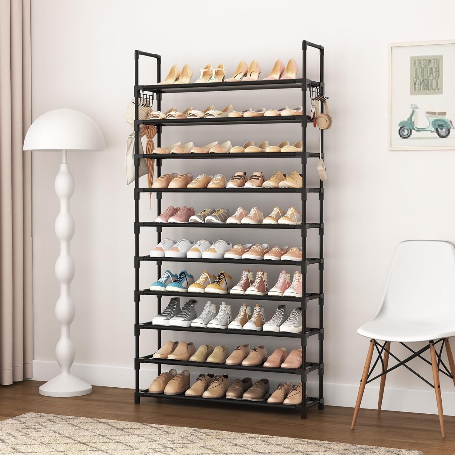 VTRIN 10 Tiers Shoe Rack Tall Large Capacity 50 Pairs Wide Shoe Organizer Sturdy Shoe Shelf for Entryway with Two Hooks Metal Shoe Storage for Closet, Bedroom, White, XJ-113