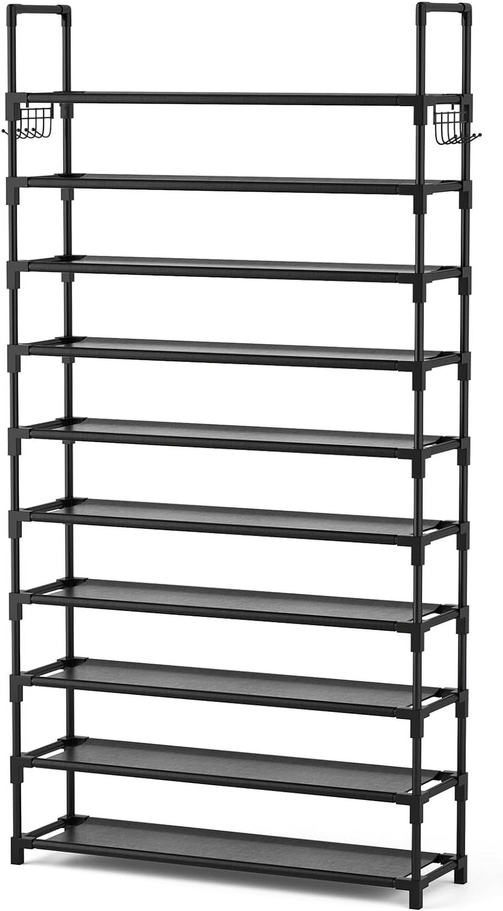 VTRIN 10 Tiers Shoe Rack Tall Large Capacity 50 Pairs Wide Shoe Organizer Sturdy Shoe Shelf for Entryway with Two Hooks Metal Shoe Storage for Closet, Bedroom, White, XJ-113