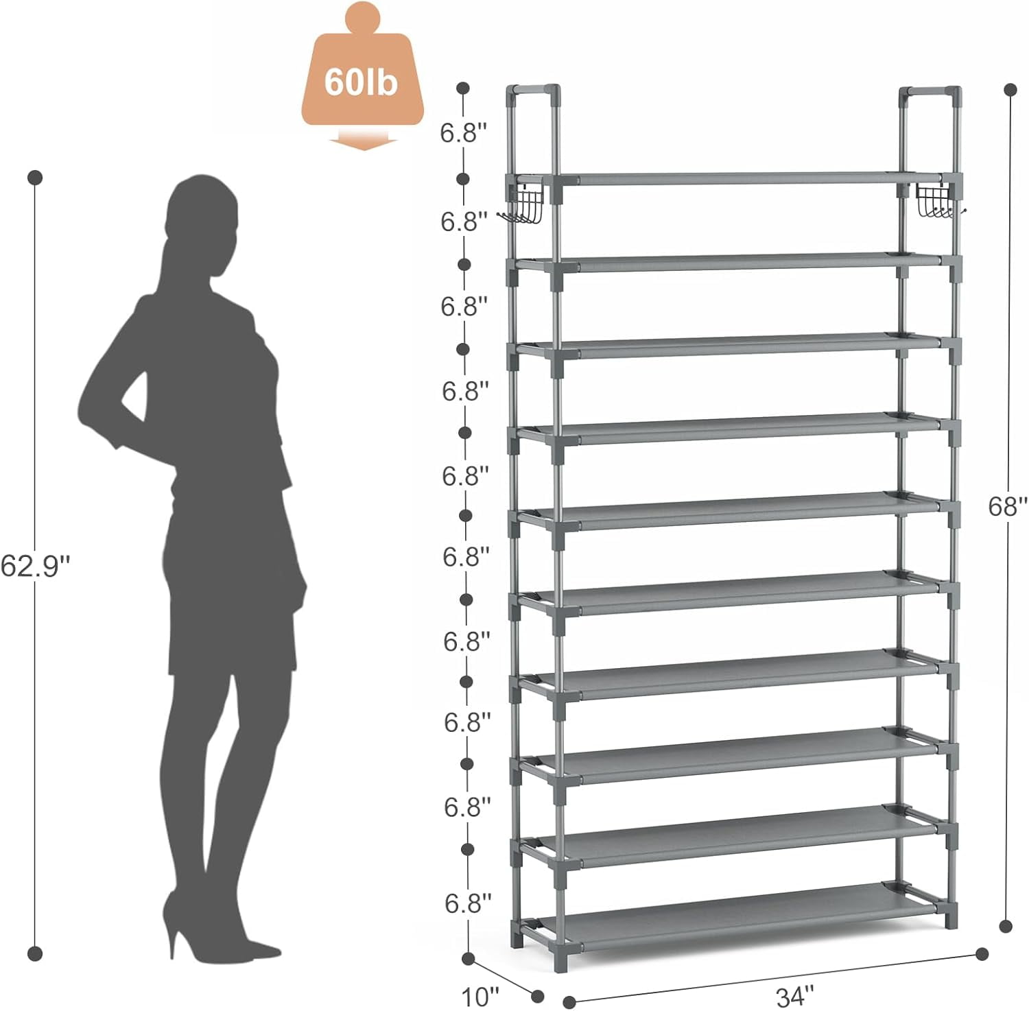 VTRIN 10 Tiers Shoe Rack Tall Large Capacity 50 Pairs Wide Shoe Organizer Sturdy Shoe Shelf for Entryway with Two Hooks Metal Shoe Storage for Closet, Bedroom, White, XJ-113