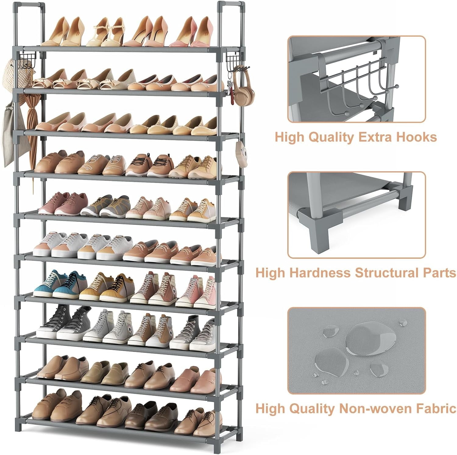 VTRIN 10 Tiers Shoe Rack Tall Large Capacity 50 Pairs Wide Shoe Organizer Sturdy Shoe Shelf for Entryway with Two Hooks Metal Shoe Storage for Closet, Bedroom, White, XJ-113