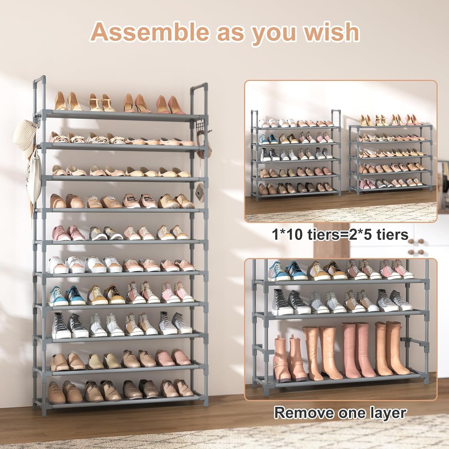 VTRIN 10 Tiers Shoe Rack Tall Large Capacity 50 Pairs Wide Shoe Organizer Sturdy Shoe Shelf for Entryway with Two Hooks Metal Shoe Storage for Closet, Bedroom, White, XJ-113