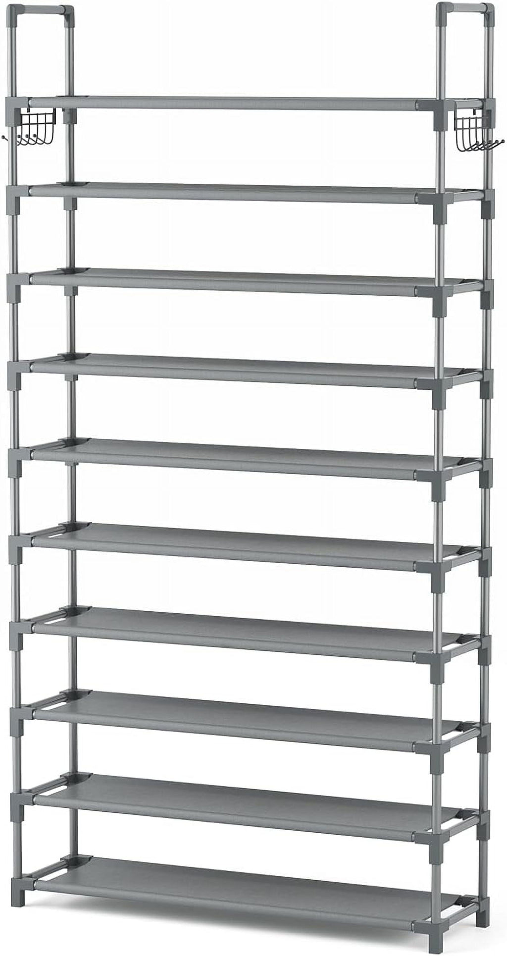 VTRIN 10 Tiers Shoe Rack Tall Large Capacity 50 Pairs Wide Shoe Organizer Sturdy Shoe Shelf for Entryway with Two Hooks Metal Shoe Storage for Closet, Bedroom, White, XJ-113