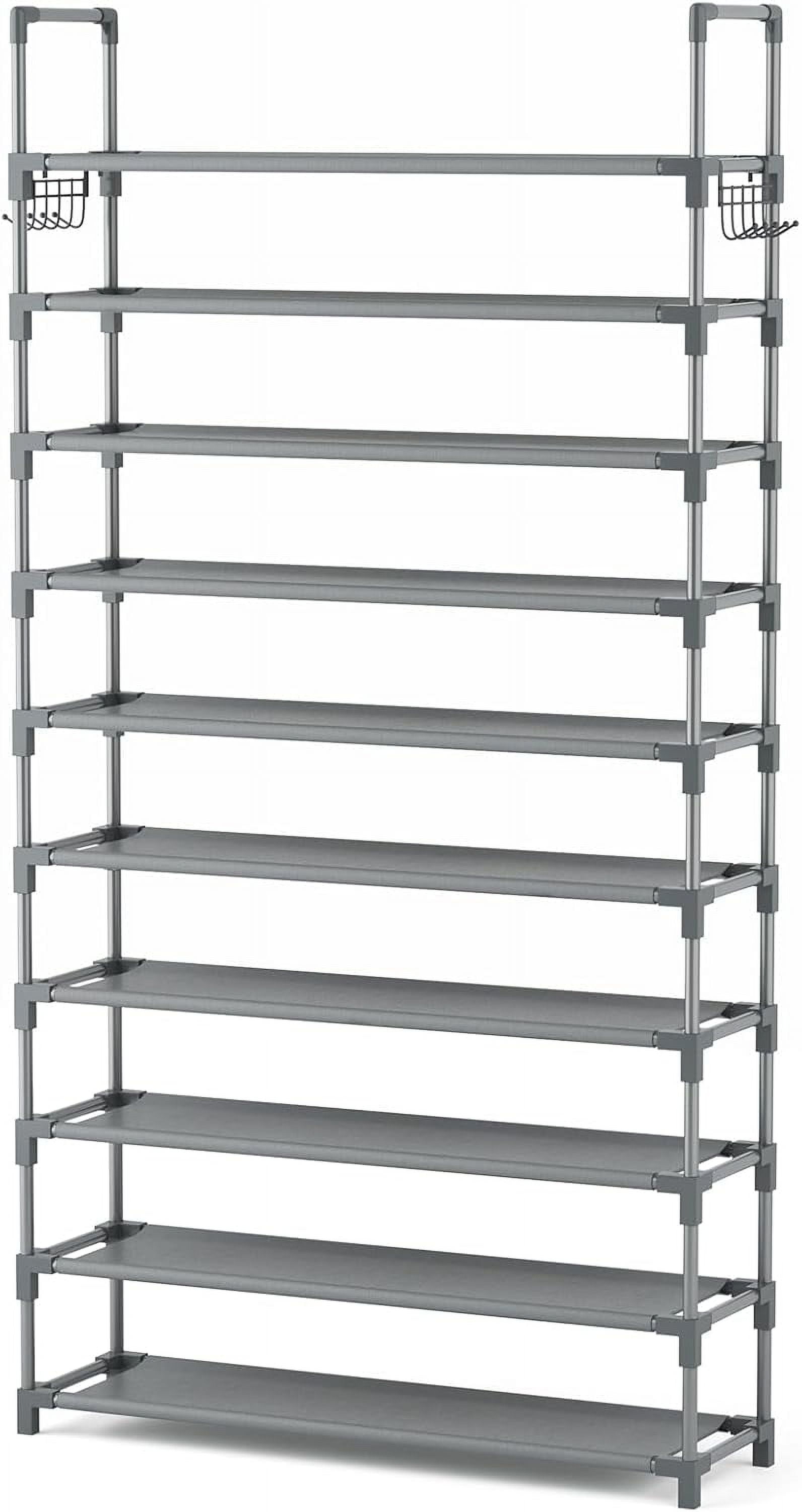 VTRIN 10 Tiers Shoe Rack Tall Large Capacity 50 Pairs Wide Shoe Organizer Sturdy Shoe Shelf for Entryway with Two Hooks Metal Shoe Storage for Closet, Bedroom, White, XJ-113
