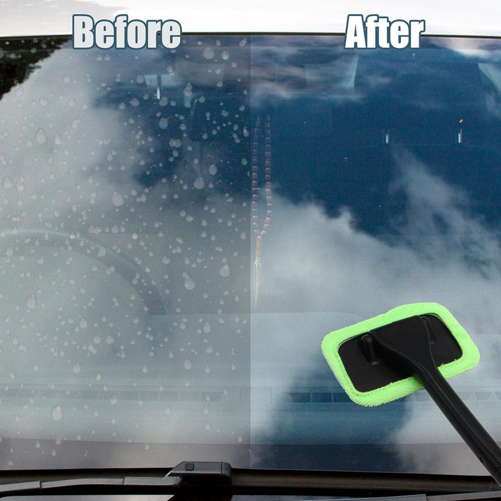 Window Cleaner Kit Windshield Cleaning Tool with Extendable Long Handle and 2 Washable  Microfiber Pads,