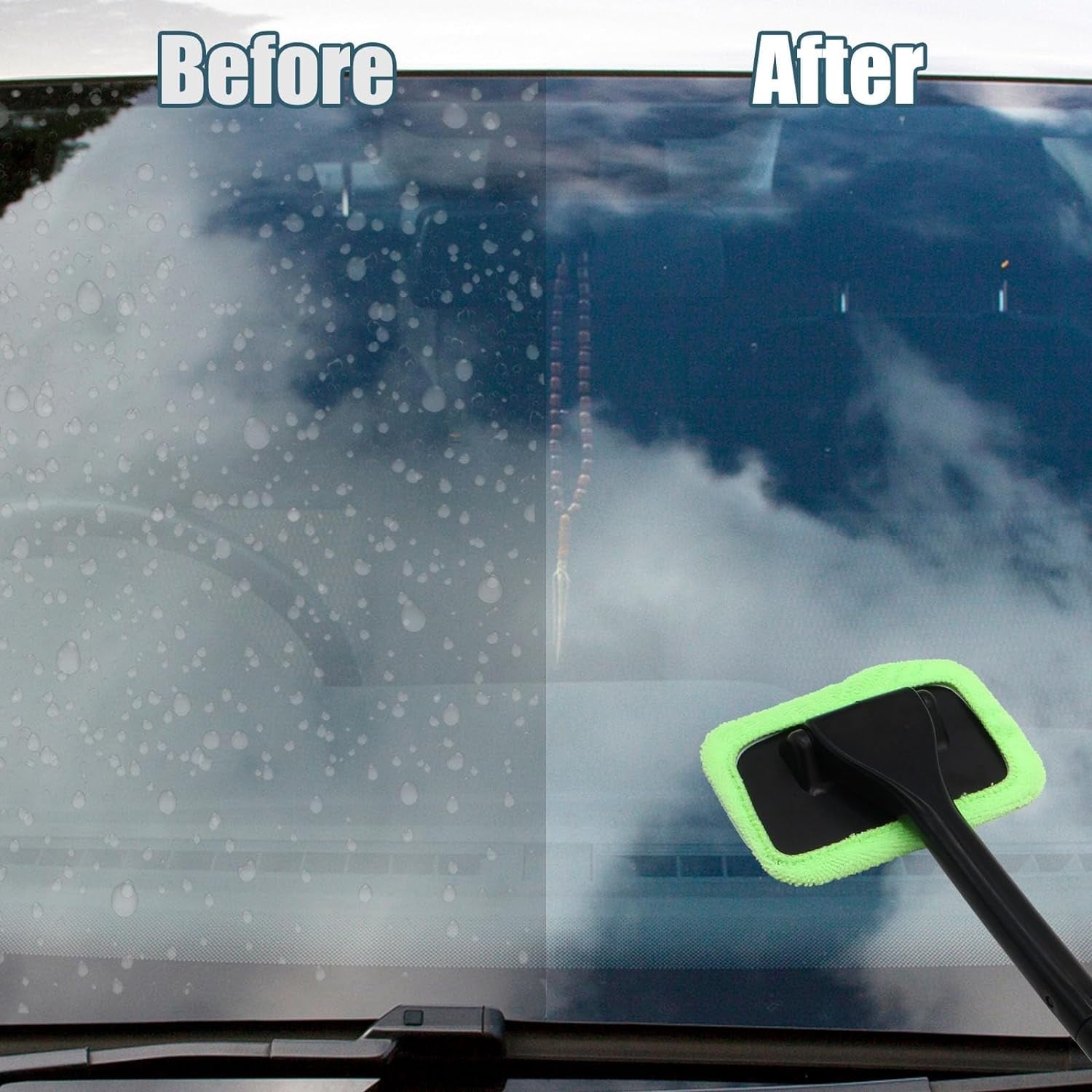 Window Cleaner Kit Windshield Cleaning Tool with Extendable Long Handle and 2 Washable  Microfiber Pads,