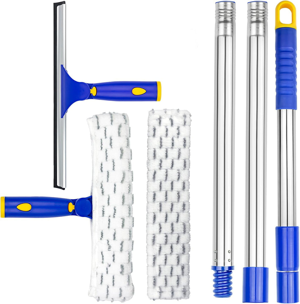 Window Squeegee Cleaner Kit, 5Ft Extendable Stainless Steel Pole with Rotatable Rubber Squeegee &amp; 2 Microfiber Scrubber Pads, Professional Window Cleaning Tool for Home, Shower, Car, Windshield