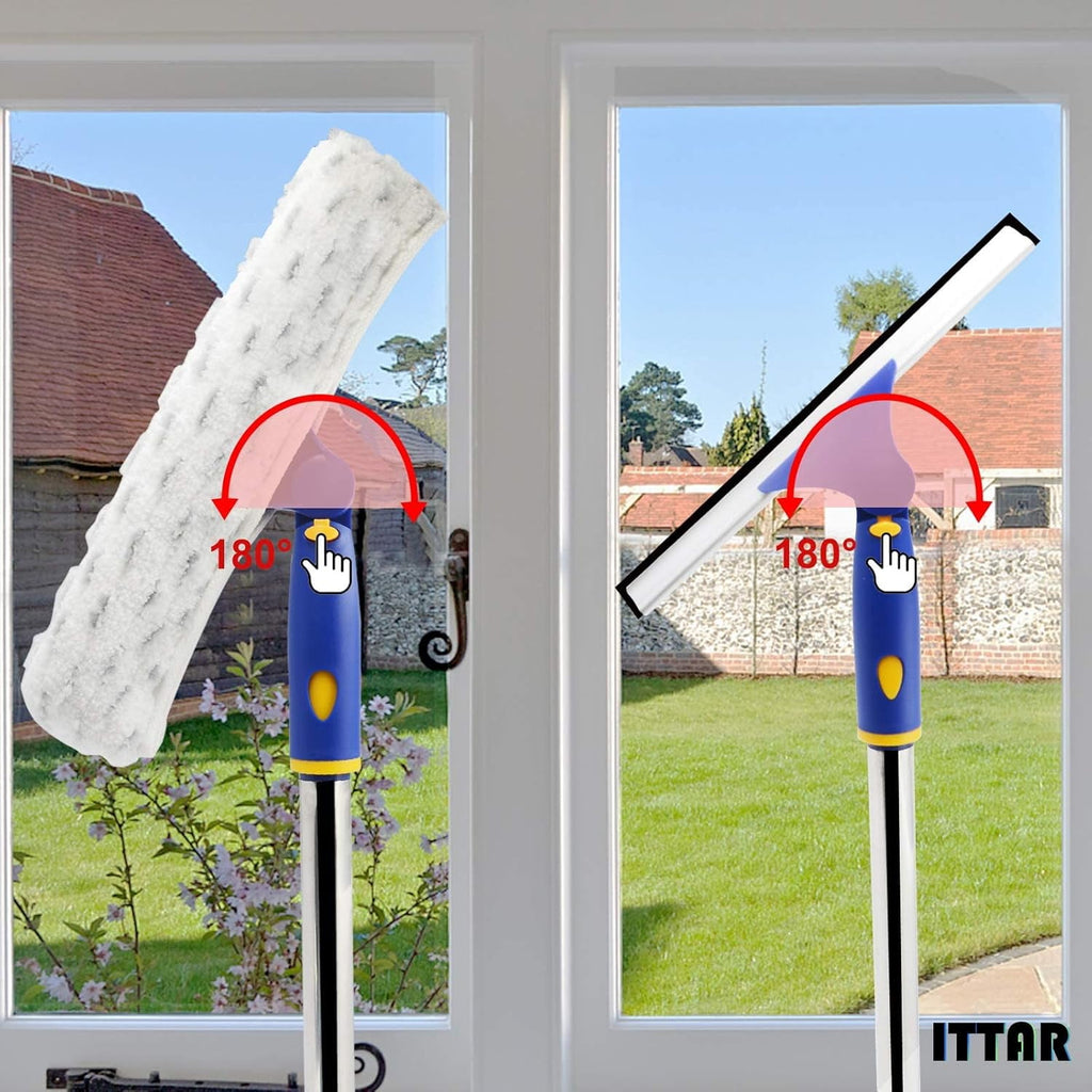 Window Squeegee Cleaner Kit, 5Ft Extendable Stainless Steel Pole with Rotatable Rubber Squeegee &amp; 2 Microfiber Scrubber Pads, Professional Window Cleaning Tool for Home, Shower, Car, Windshield