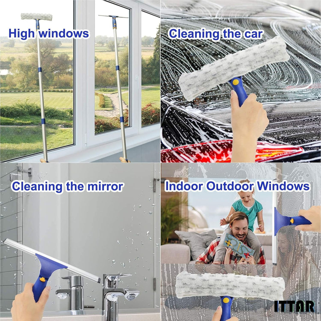 Window Squeegee Cleaner Kit, 5Ft Extendable Stainless Steel Pole with Rotatable Rubber Squeegee &amp; 2 Microfiber Scrubber Pads, Professional Window Cleaning Tool for Home, Shower, Car, Windshield