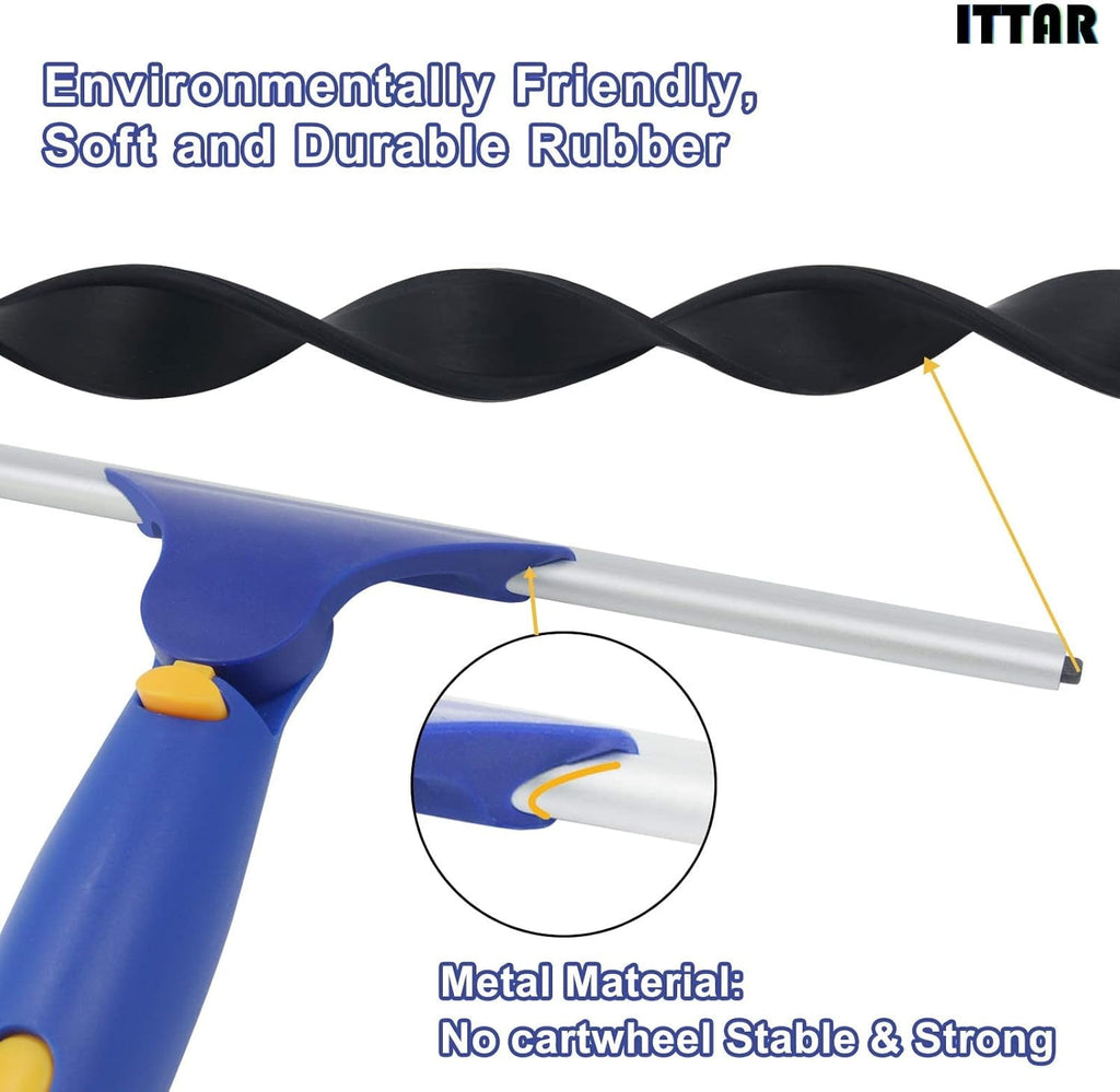 Window Squeegee Cleaner Kit, 5Ft Extendable Stainless Steel Pole with Rotatable Rubber Squeegee &amp; 2 Microfiber Scrubber Pads, Professional Window Cleaning Tool for Home, Shower, Car, Windshield