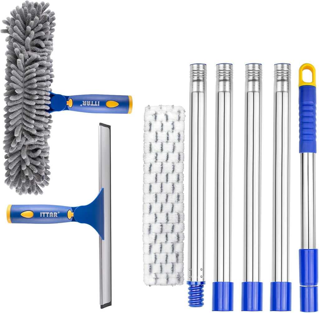 Window Squeegee Cleaner Kit, 5Ft Extendable Stainless Steel Pole with Rotatable Rubber Squeegee &amp; 2 Microfiber Scrubber Pads, Professional Window Cleaning Tool for Home, Shower, Car, Windshield