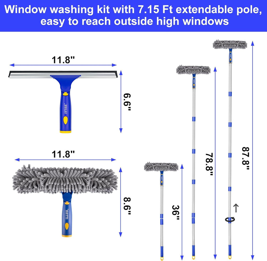 Window Squeegee Cleaner Kit, 5Ft Extendable Stainless Steel Pole with Rotatable Rubber Squeegee &amp; 2 Microfiber Scrubber Pads, Professional Window Cleaning Tool for Home, Shower, Car, Windshield
