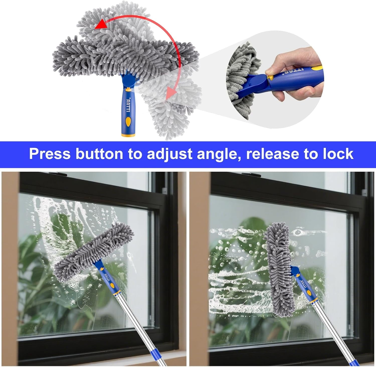 Window Squeegee Cleaner Kit, 5Ft Extendable Stainless Steel Pole with Rotatable Rubber Squeegee &amp; 2 Microfiber Scrubber Pads, Professional Window Cleaning Tool for Home, Shower, Car, Windshield