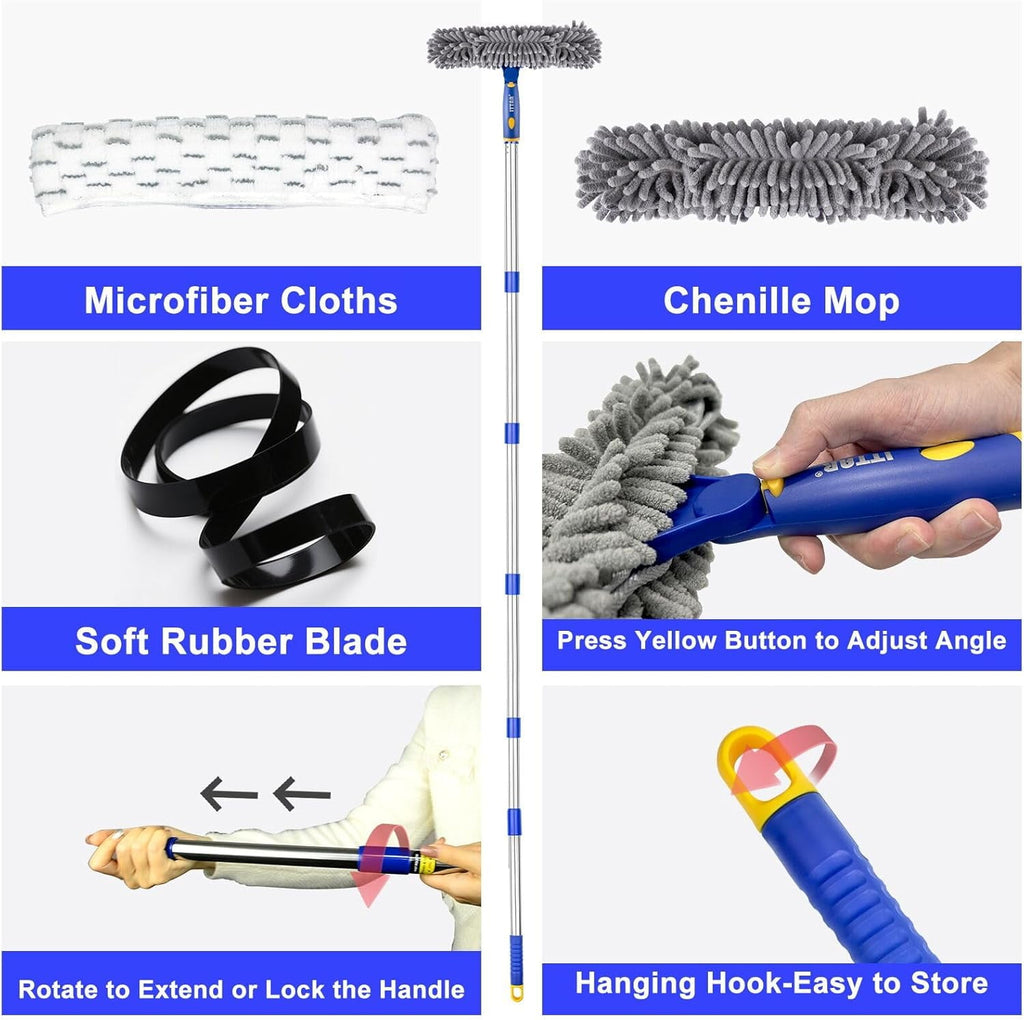 Window Squeegee Cleaner Kit, 5Ft Extendable Stainless Steel Pole with Rotatable Rubber Squeegee &amp; 2 Microfiber Scrubber Pads, Professional Window Cleaning Tool for Home, Shower, Car, Windshield