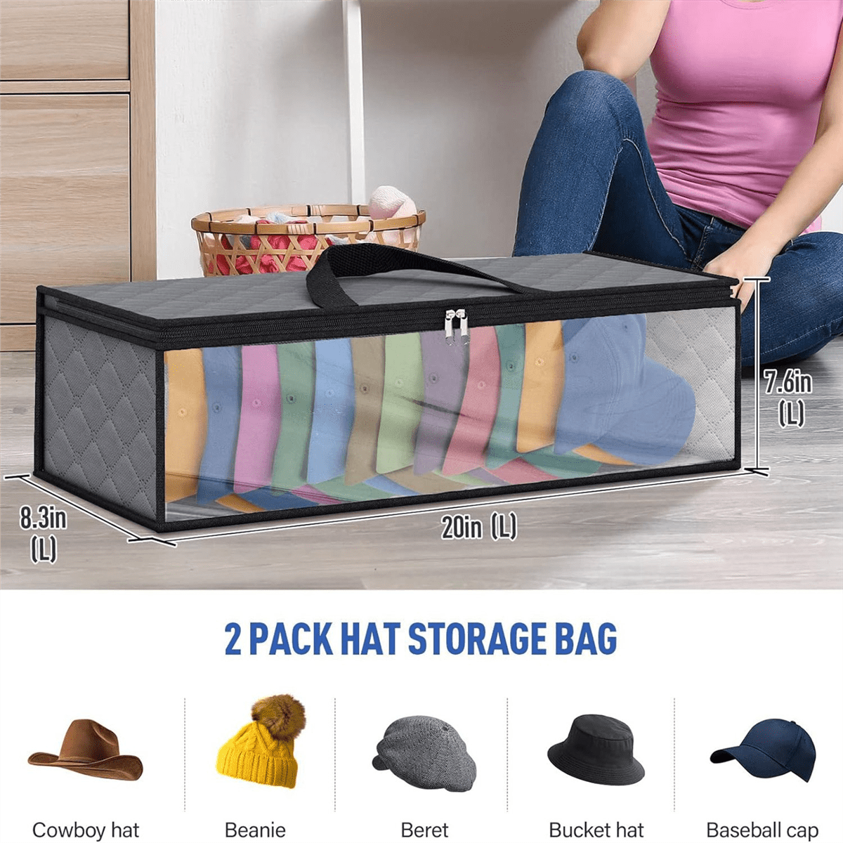 2Piece Hat Storage Bag for Baseball Caps Hat Organizer Case Hat Holder Rack with 2 Carry Handles for Closet Moisture