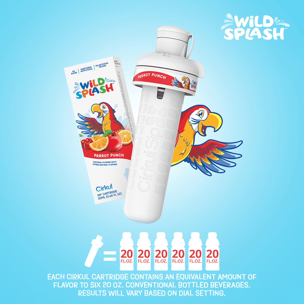 Kids Water Bottle Starter Kit, 16oz BPA-Free Bottle with Flavor Cartridge, Blue Lid (Parrot Punch)