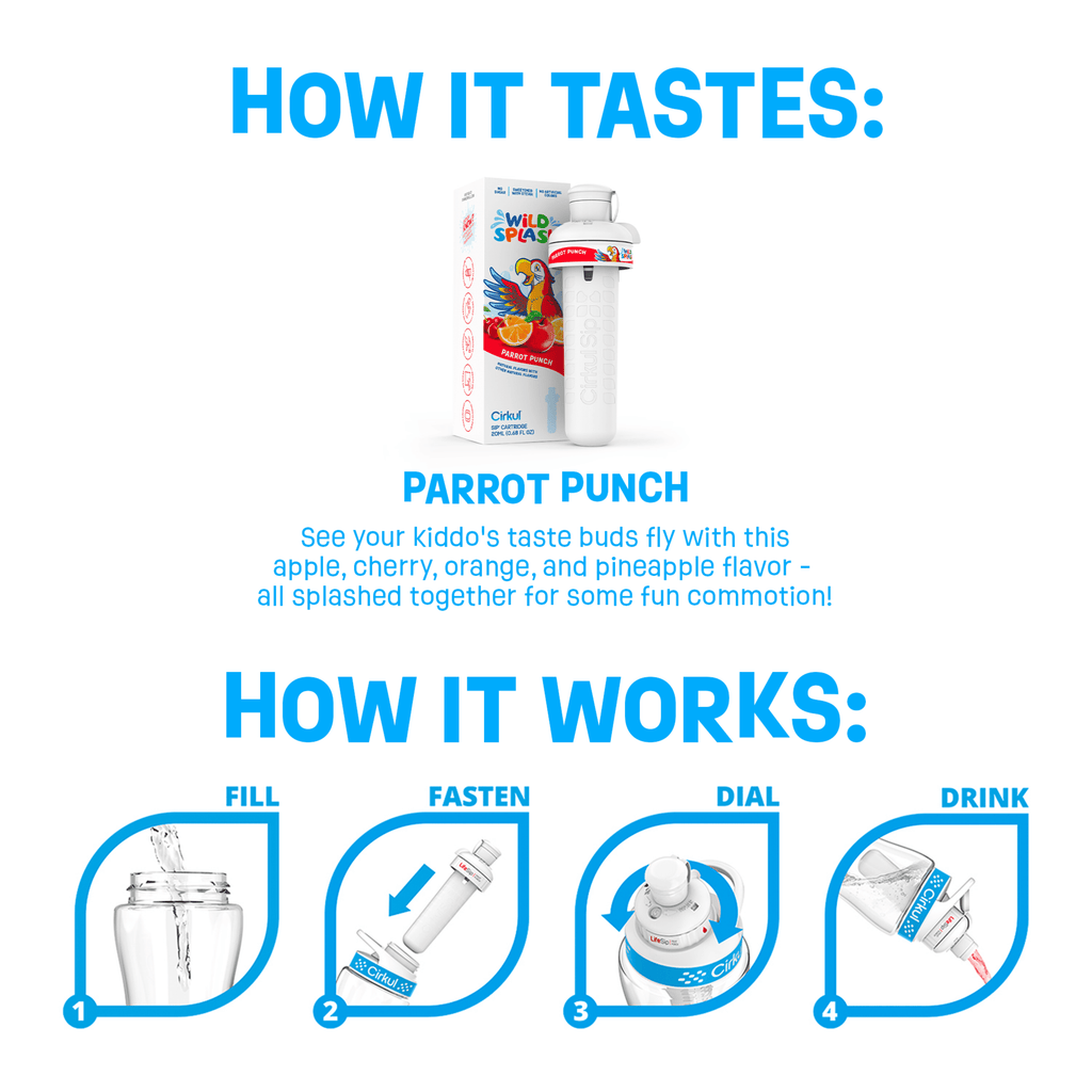 Kids Water Bottle Starter Kit, 16oz BPA-Free Bottle with Flavor Cartridge, Blue Lid (Parrot Punch)